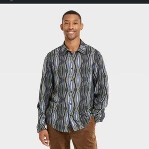Houston White Adult Geo Print Long Sleeve Button-Down Shirt - Blue S